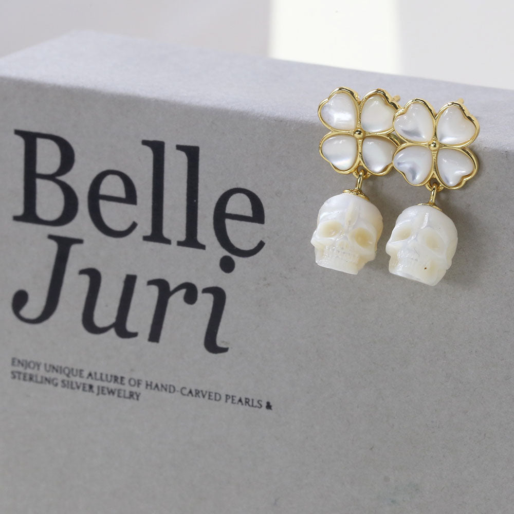 Shell Four-Leaf Flower Pearl Skull Earrings