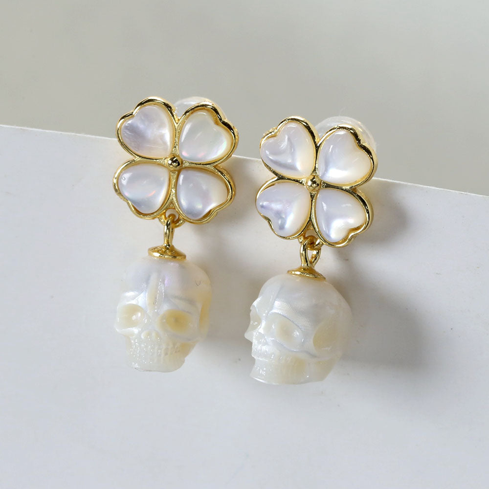 Shell Four-Leaf Flower Pearl Skull Earrings