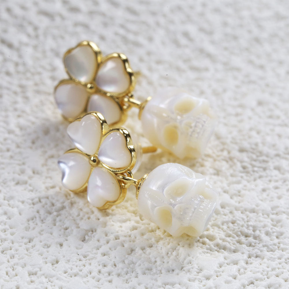 Shell Four-Leaf Flower Pearl Skull Earrings