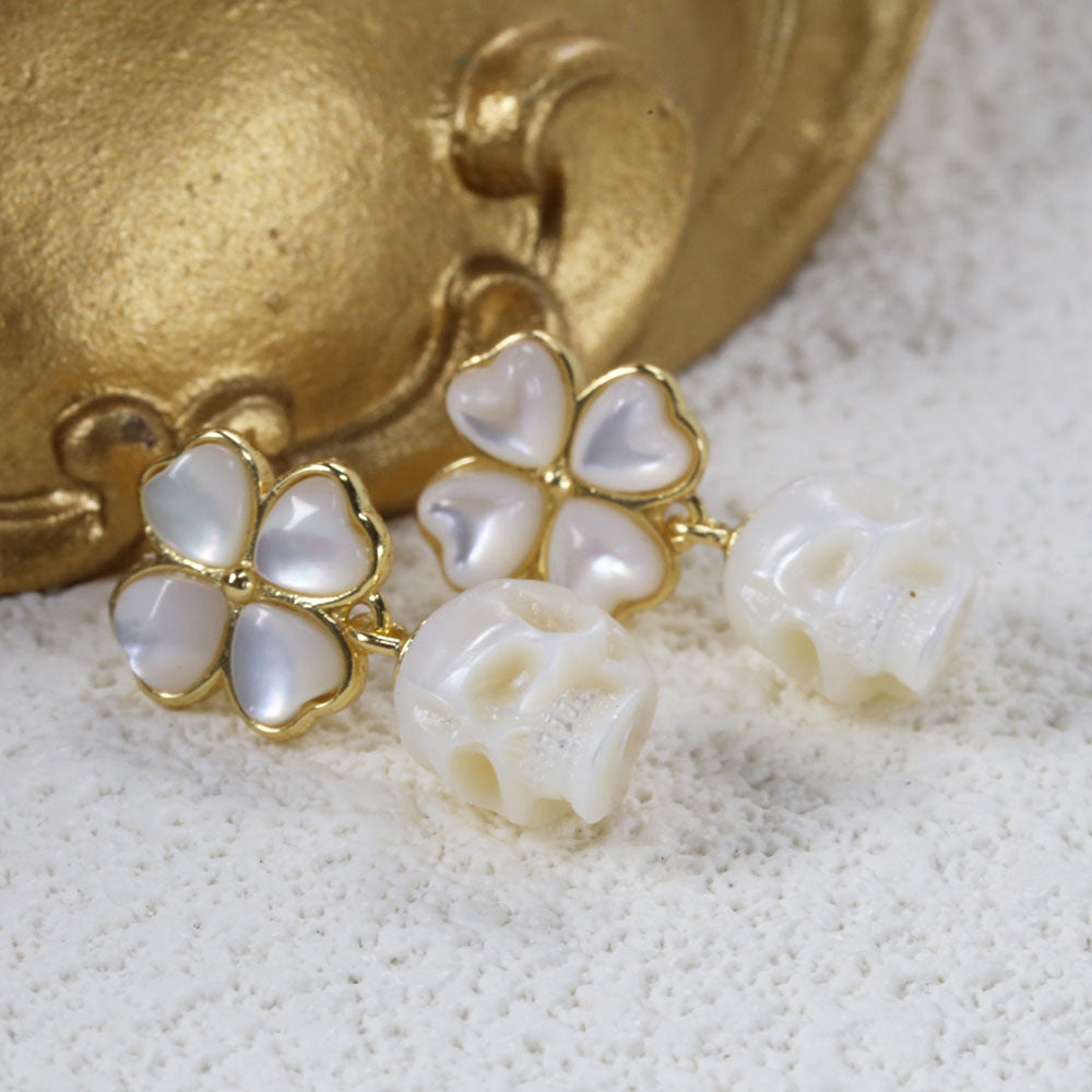 Shell Four-Leaf Flower Pearl Skull Earrings