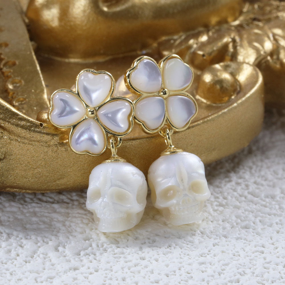 Shell Four-Leaf Flower Pearl Skull Earrings