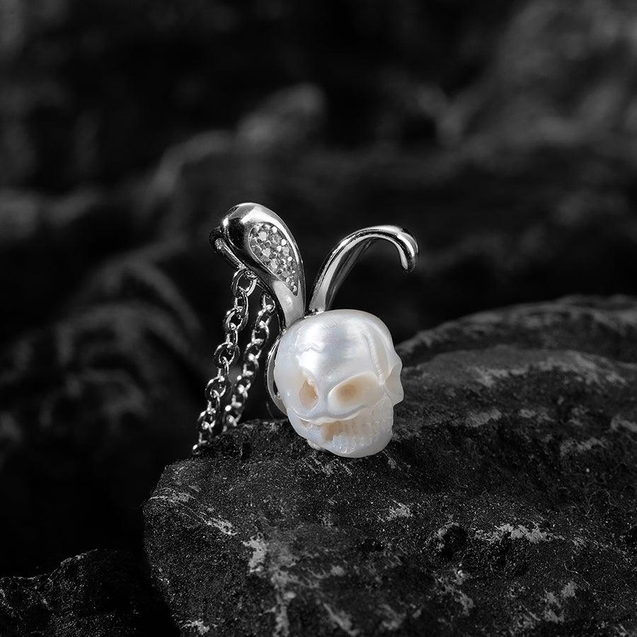 Belle Juri Silver Bunny Ears Pearl Skull Necklace