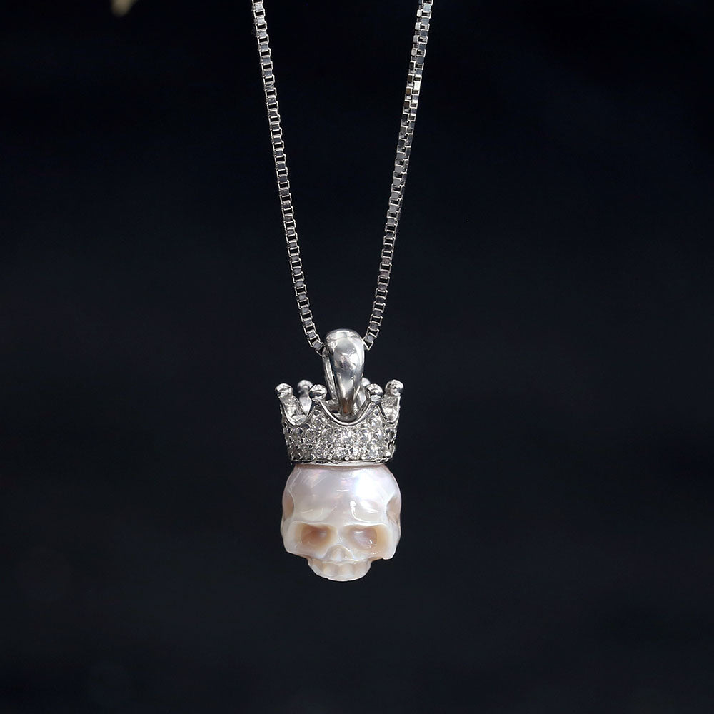 Silver Zircon Crown Pearl Skull Charm Necklace