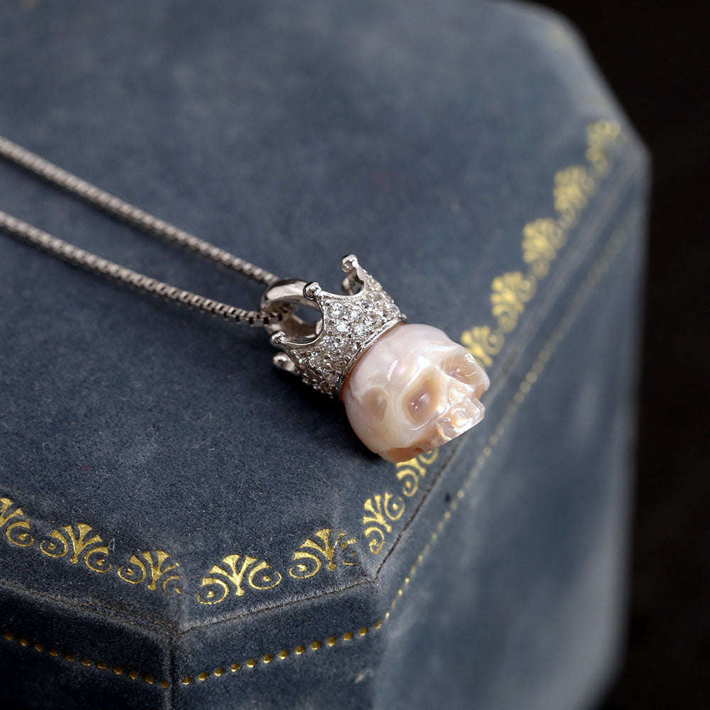 Silver Zircon Crown Pearl Skull Charm Necklace