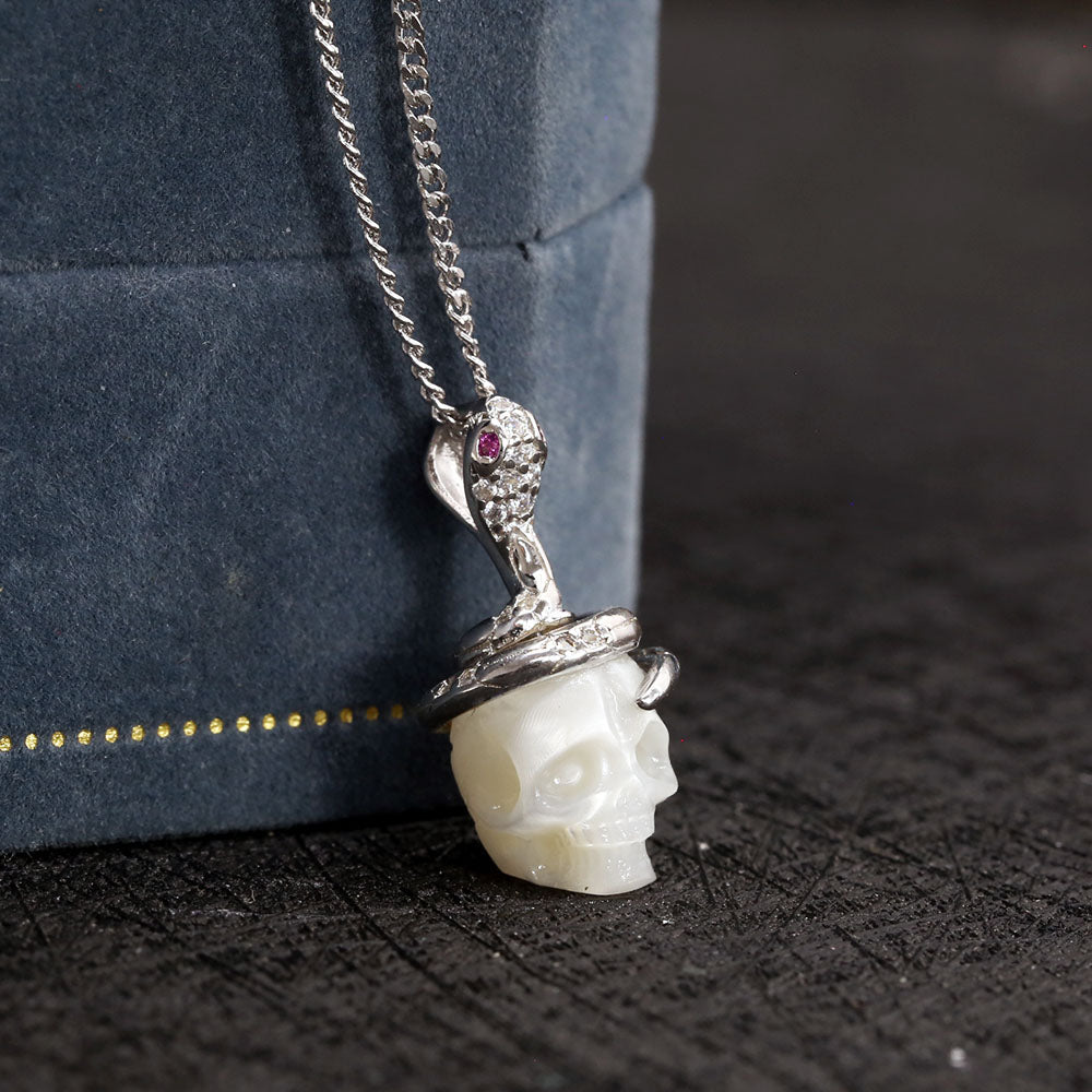 Snake and Skull Pearl CZ Pendant Necklace