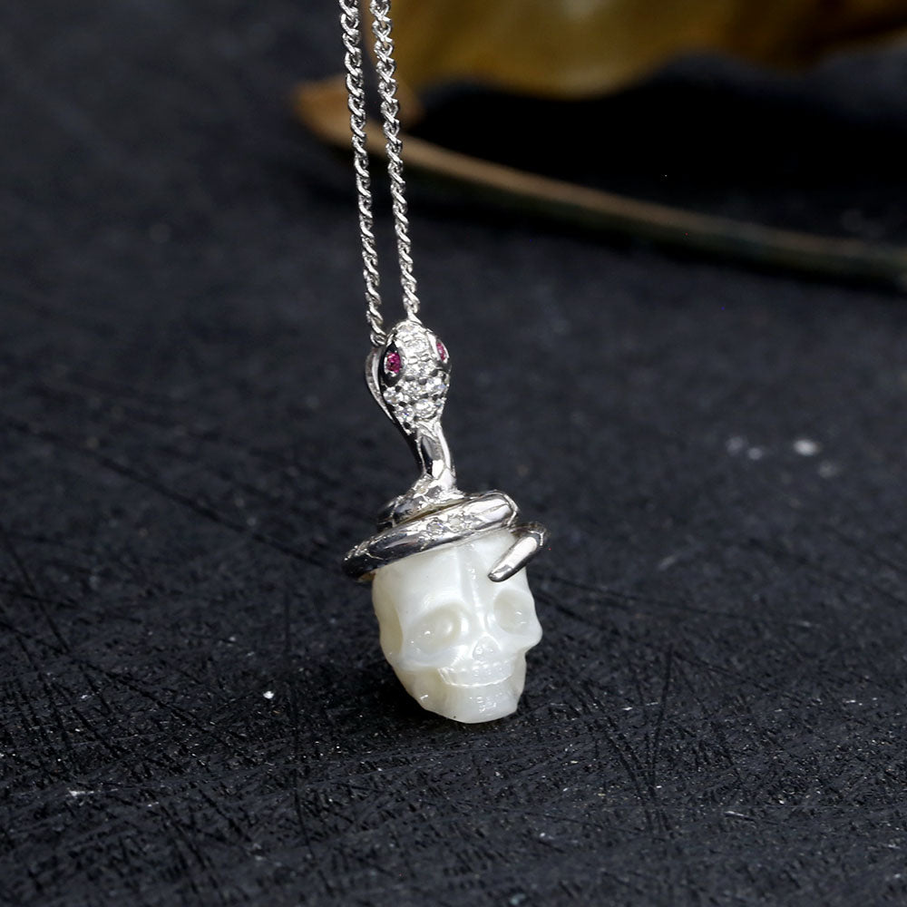 Snake and Skull Pearl CZ Pendant Necklace