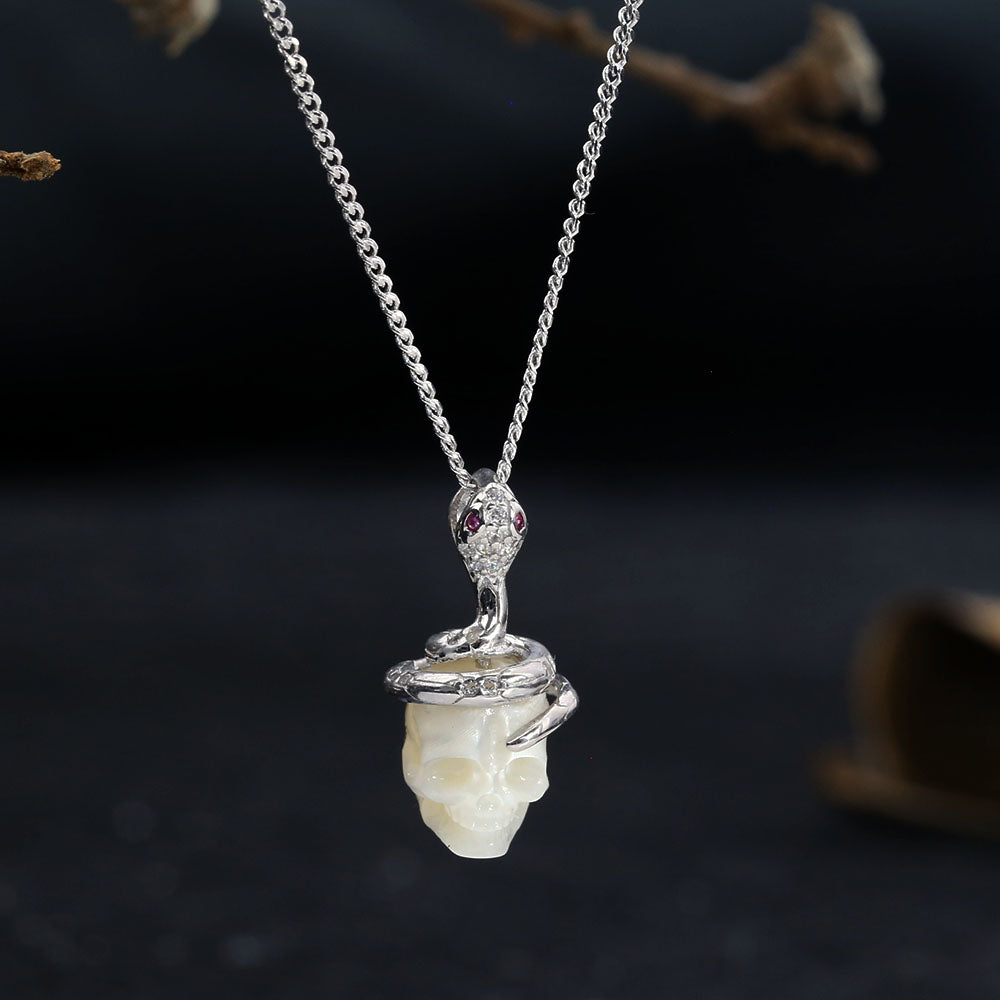 Snake and Skull Pearl CZ Pendant Necklace