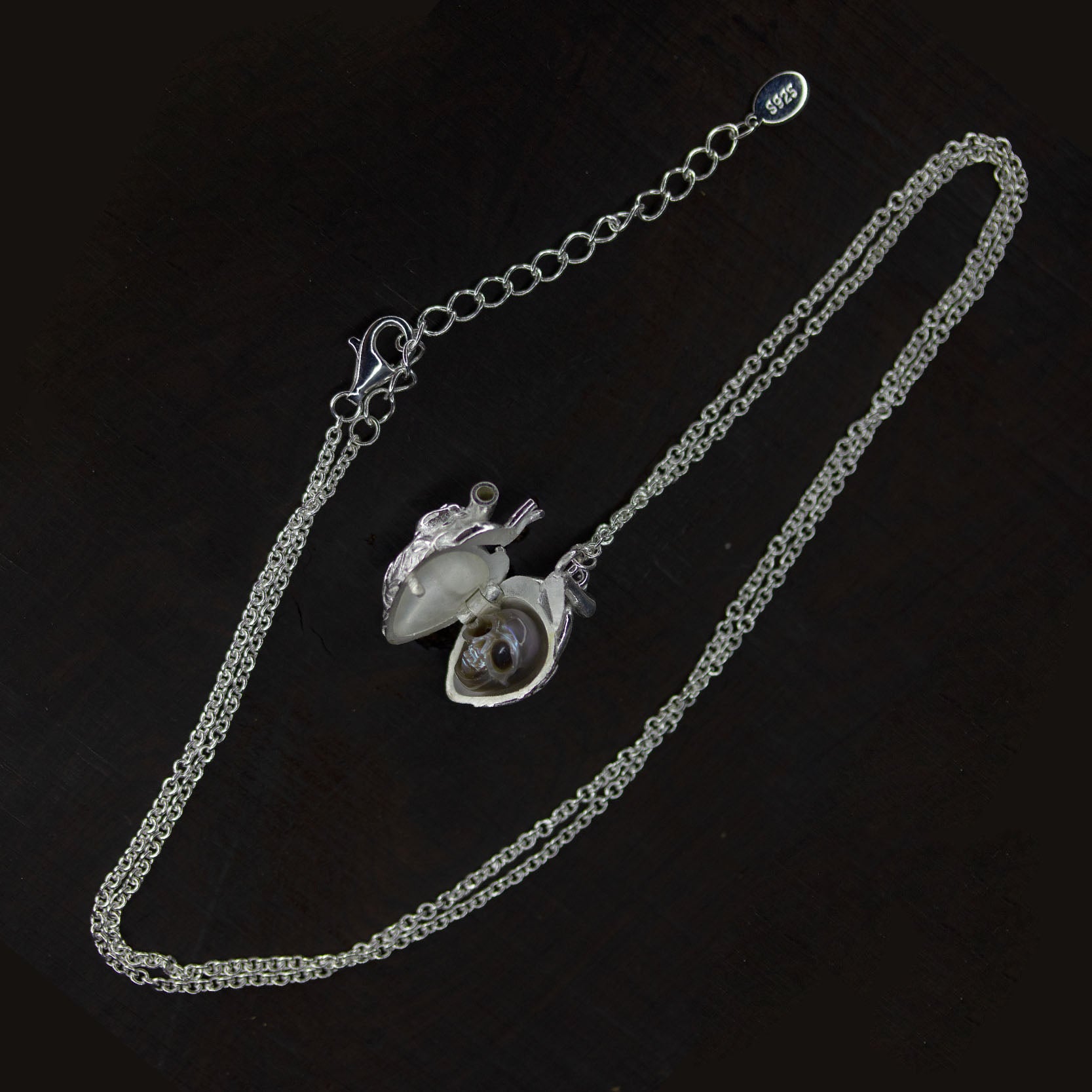 Soul in the Depths Openable Anatomical Heart Pearl Skull Necklace