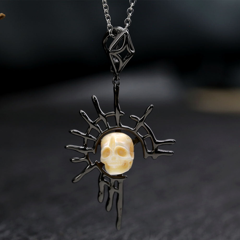 Sun God Dark Spider Web Pearl Skull Necklace