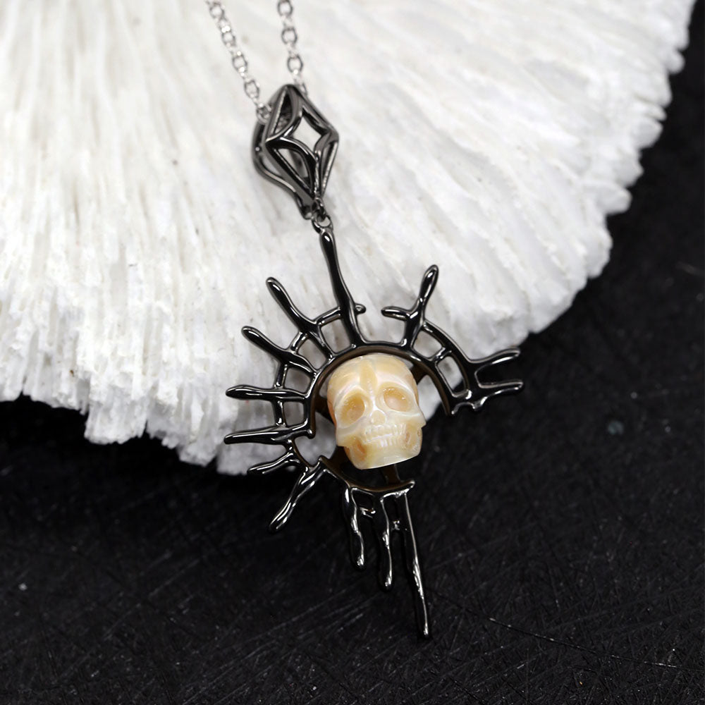 Sun God Dark Spider Web Pearl Skull Necklace