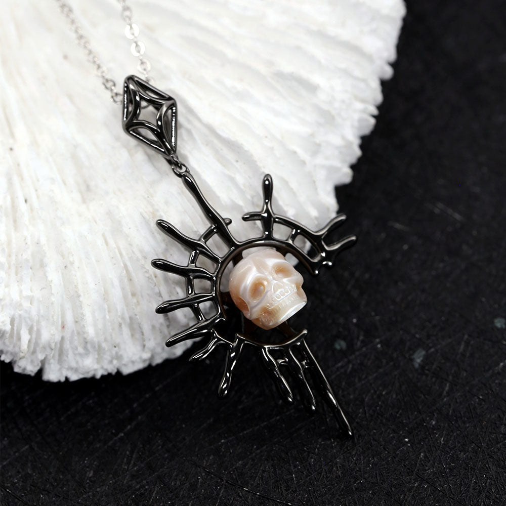 Sun God Dark Spider Web Pearl Skull Necklace