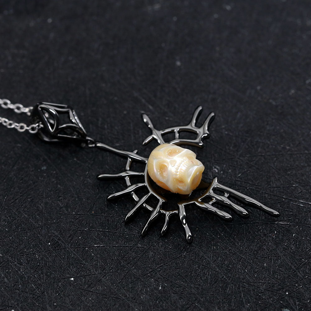 Sun God Dark Spider Web Pearl Skull Necklace