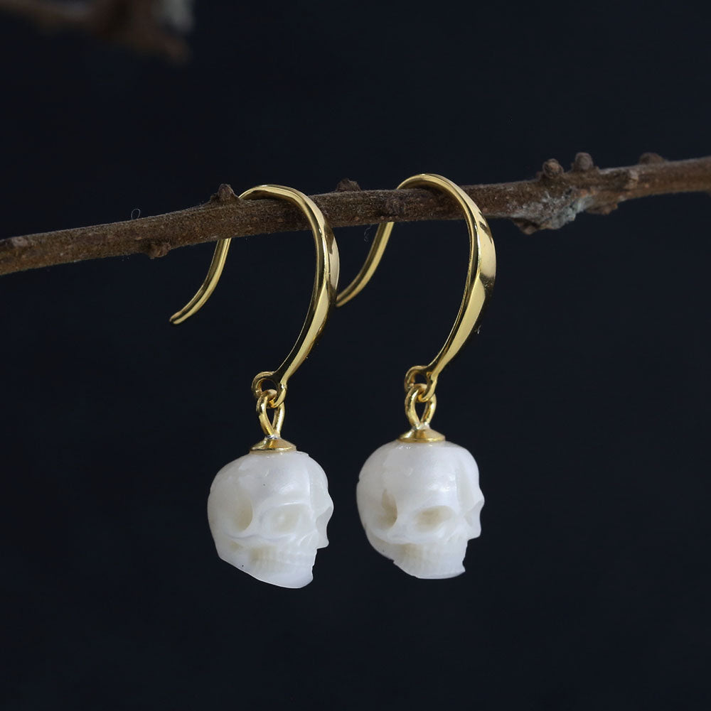 Tapered Pearl Skull Dangle Hook Earrings