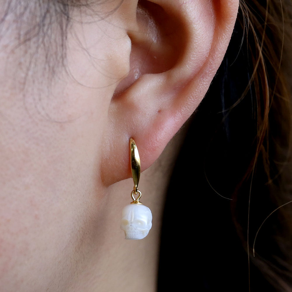 Tapered Pearl Skull Dangle Hook Earrings