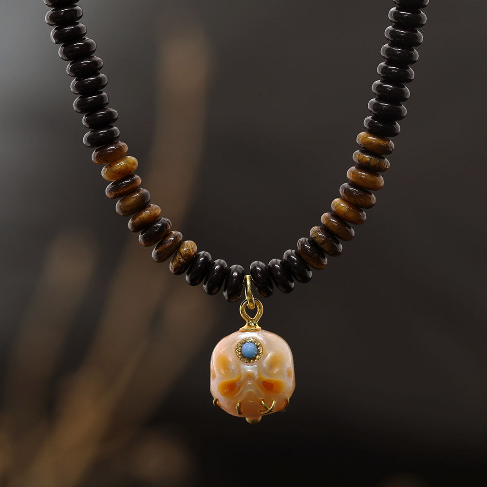 Tiger Eye Black Agate Pearl Śmaśana Beaded Necklace