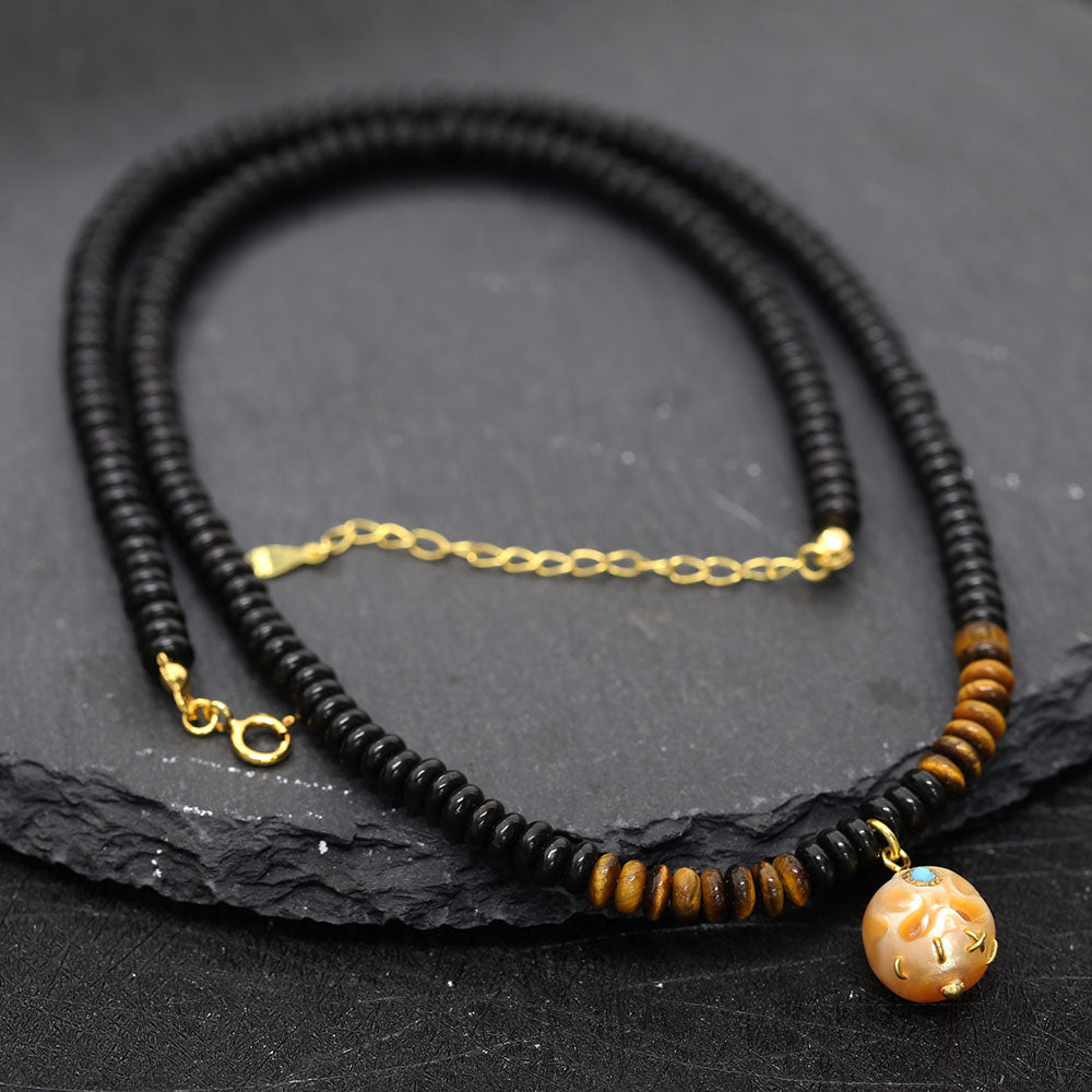 Tiger Eye Black Agate Pearl Śmaśana Beaded Necklace