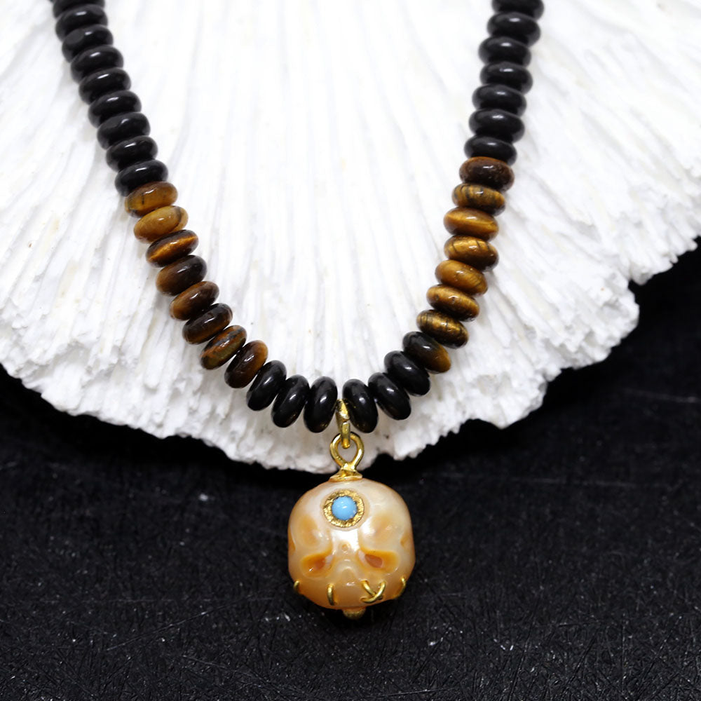 Tiger Eye Black Agate Pearl Śmaśana Beaded Necklace