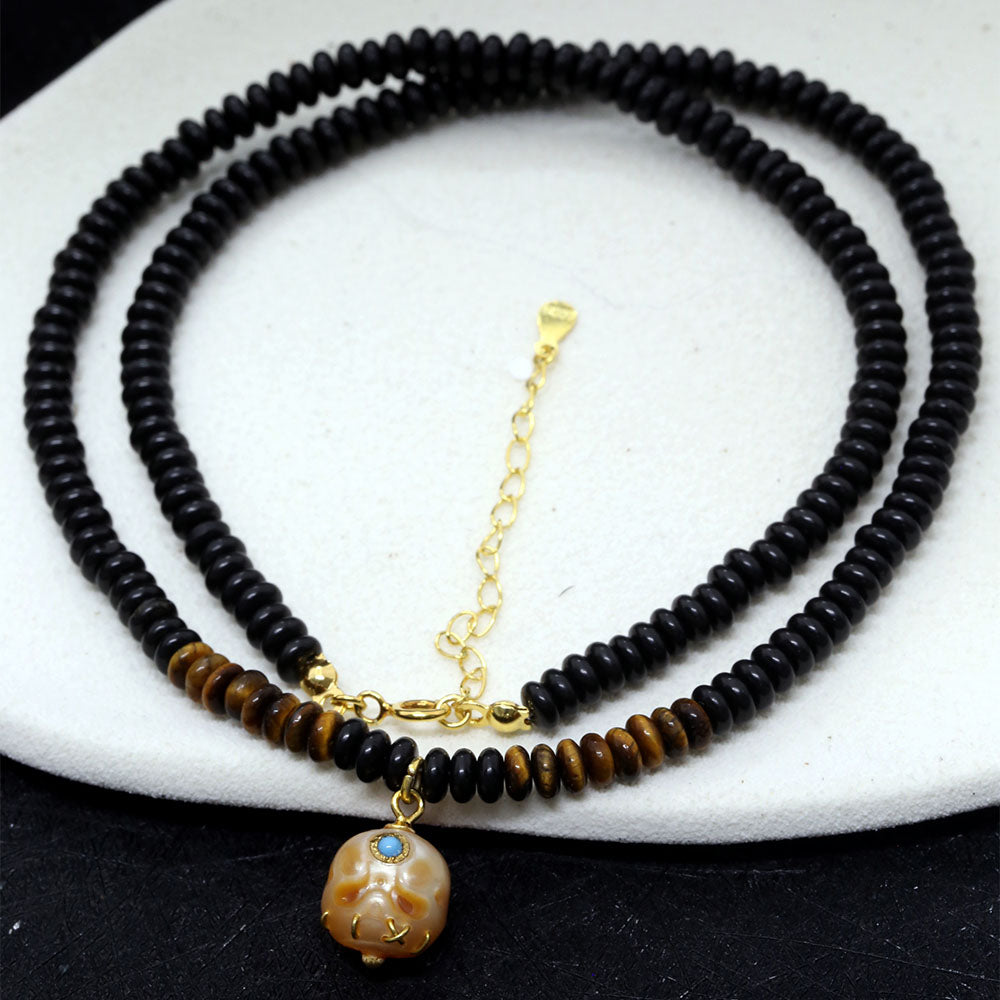 Tiger Eye Black Agate Pearl Śmaśana Beaded Necklace