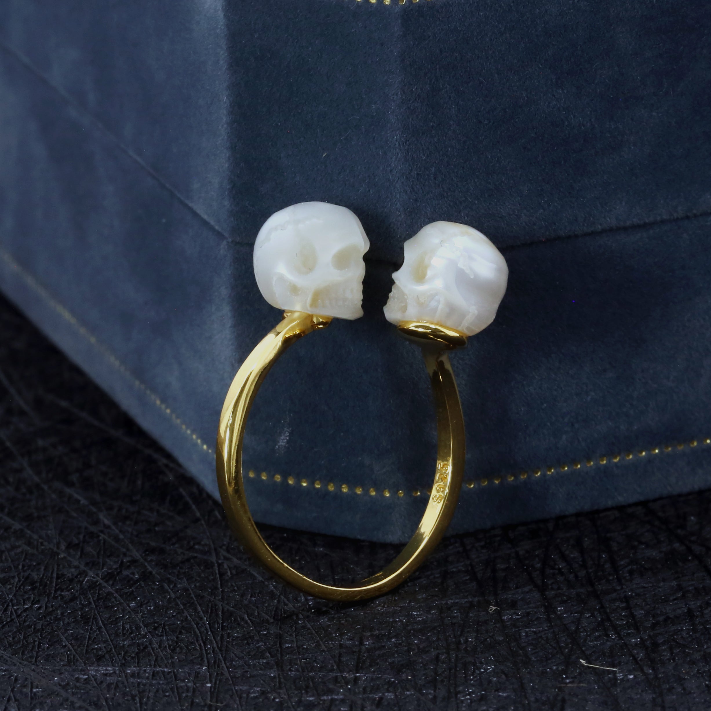 Toi et Moi Two Stone Pearl Skull Ring