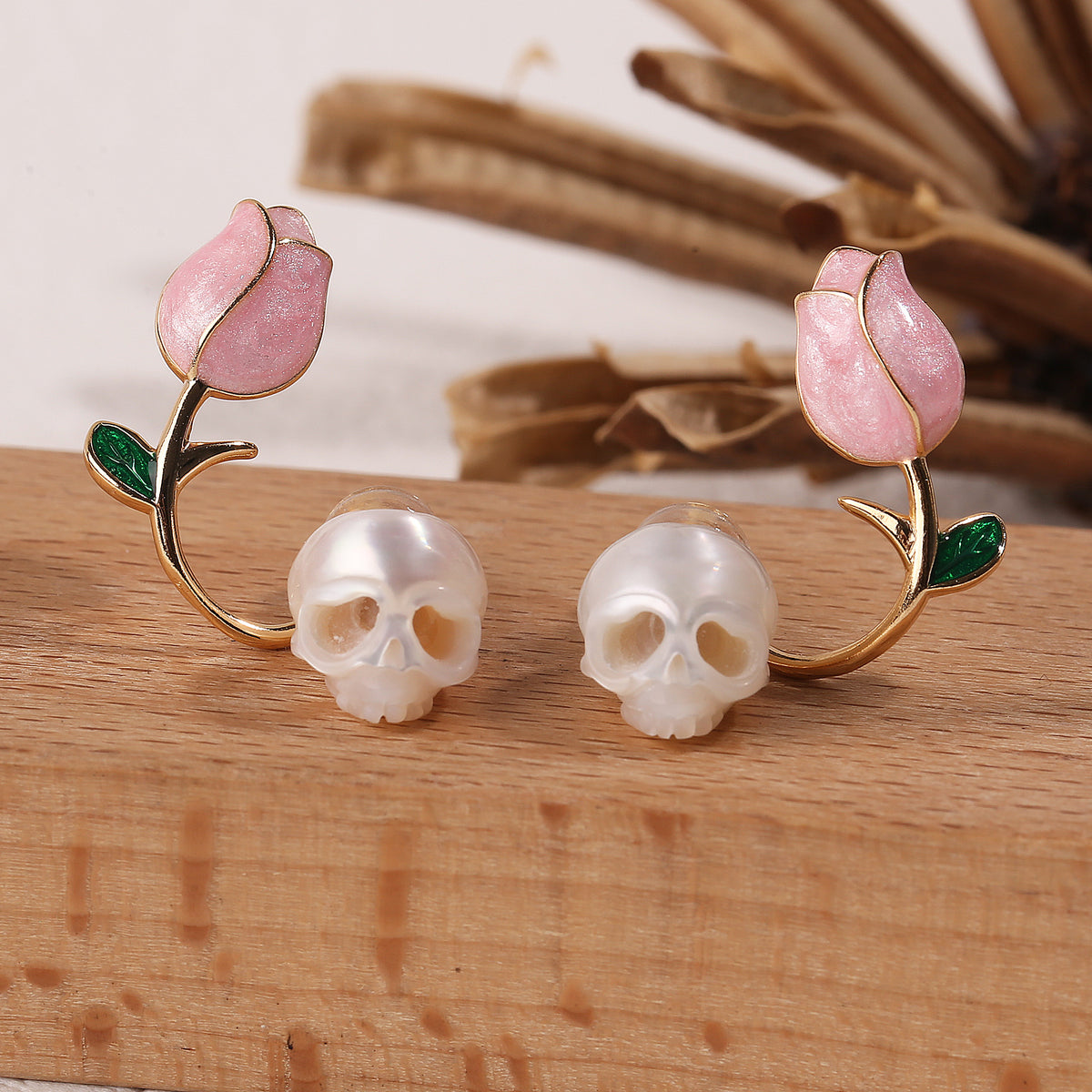 Tulip Pearl Cranium Stud Earrings