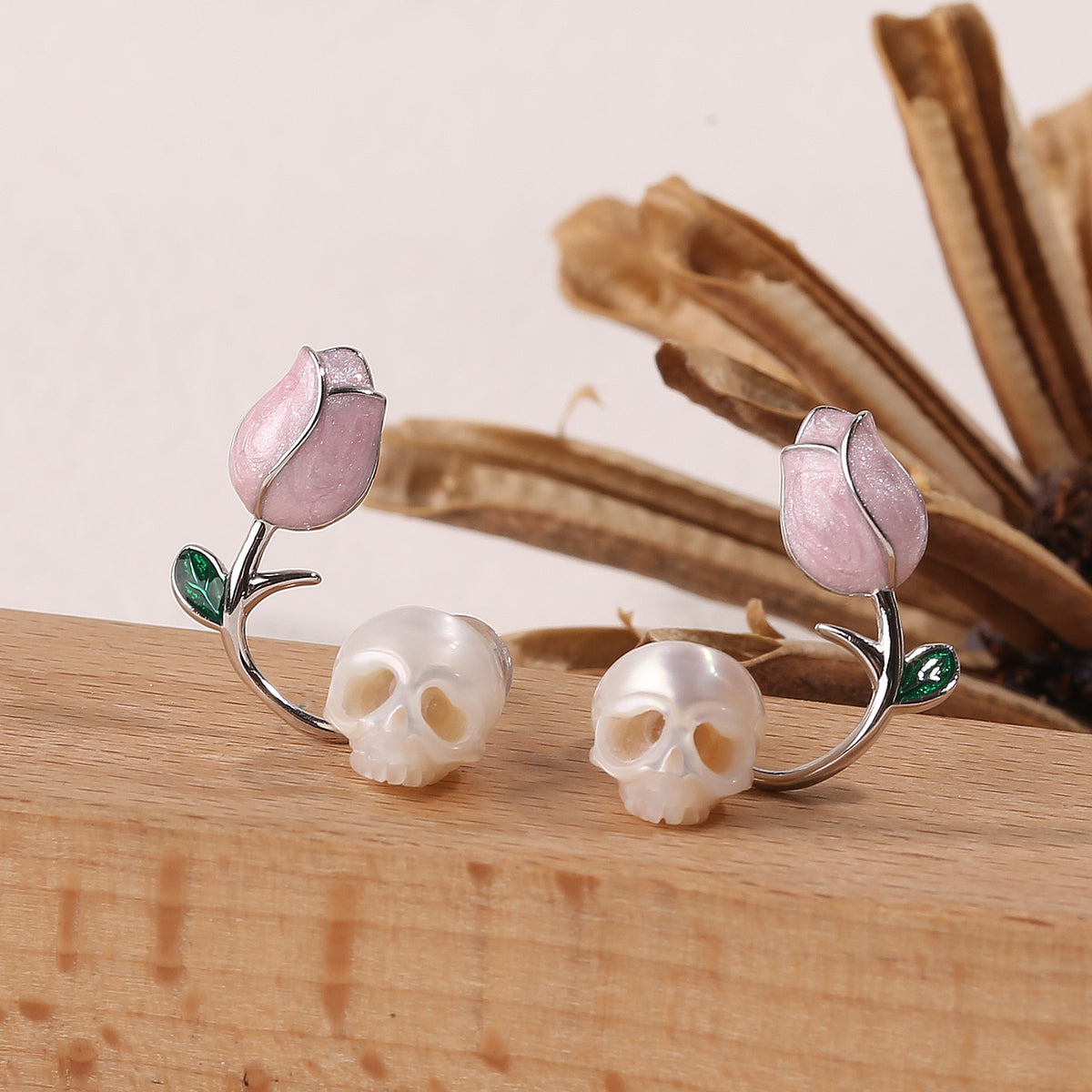 Tulip Pearl Cranium Stud Earrings