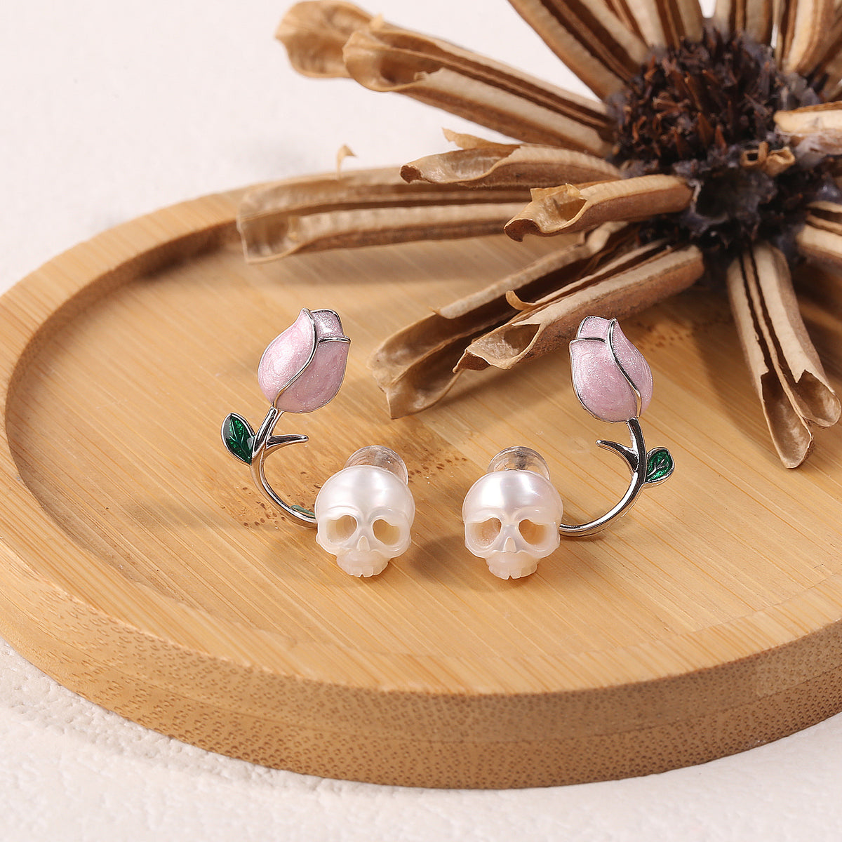 Tulip Pearl Cranium Stud Earrings