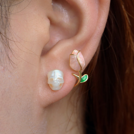 Pearl skull stud earring with rose gold flower climber, Belle Juri