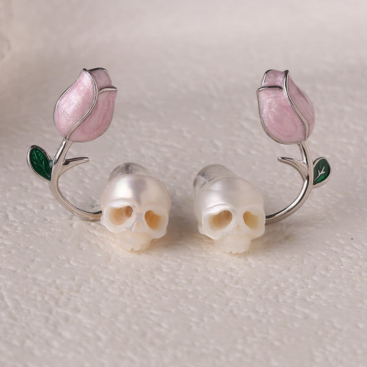 Tulip Pearl Cranium Stud Earrings