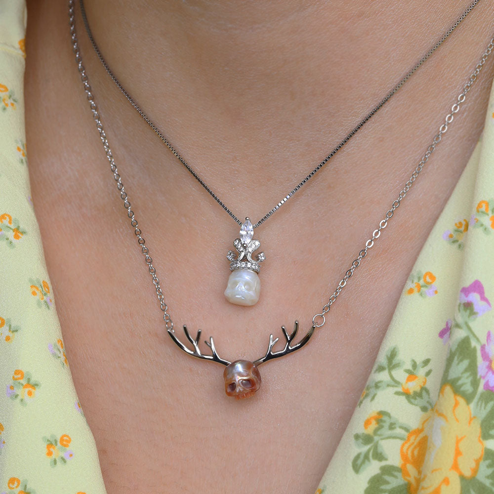 Vintage Gem Crown Pearl Skull Necklace