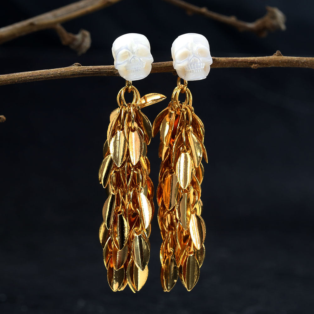 Wheat Spike Feather Tassel Pearl Skull Earrings