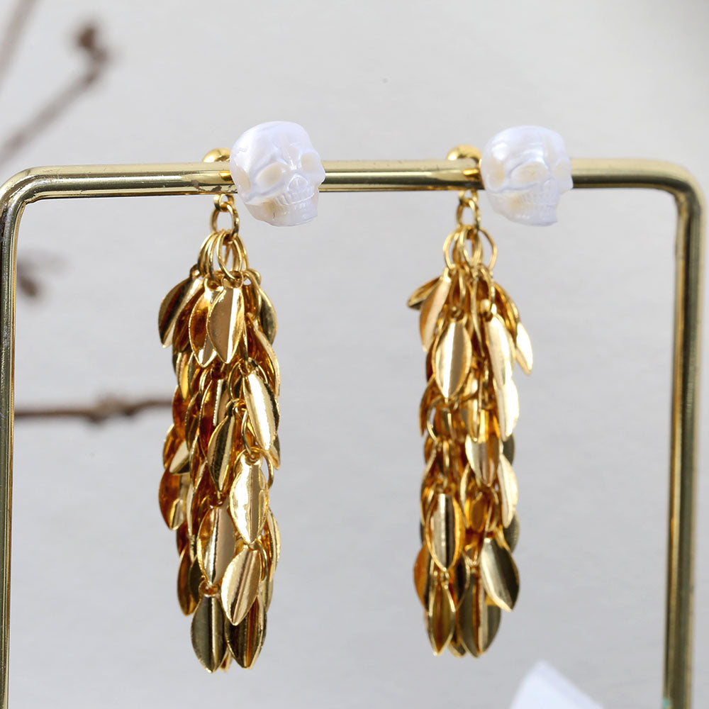 Wheat Spike Feather Tassel Pearl Skull Earrings