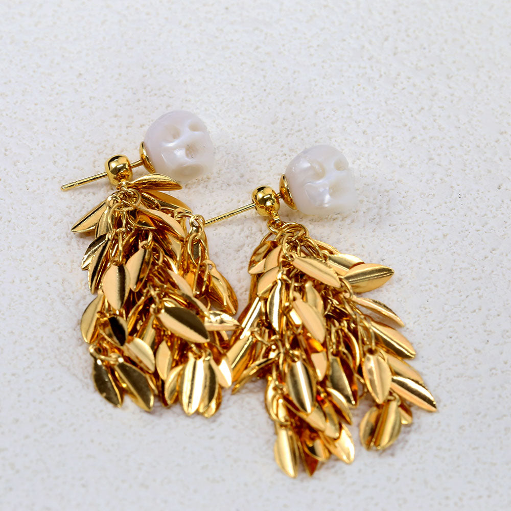 Wheat Spike Feather Tassel Pearl Skull Earrings