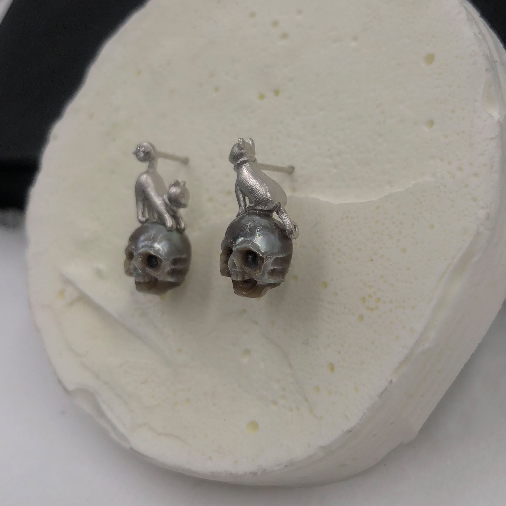 Whimsical Cat on Pearl Skull Stud Earrings