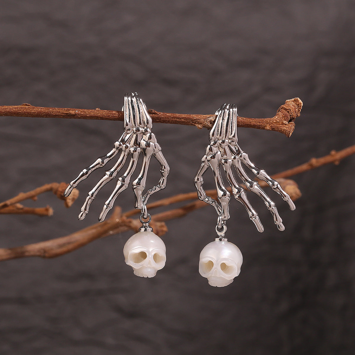 Carved Cranium Pearl With Dark-style Skeletal Hand Earrings-White