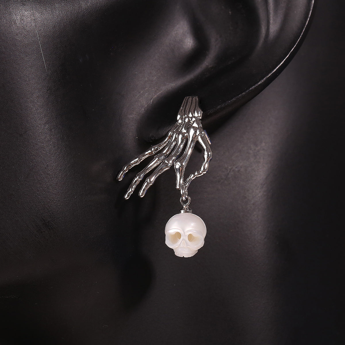 Carved Cranium Pearl With Dark-style Skeletal Hand Earrings-White