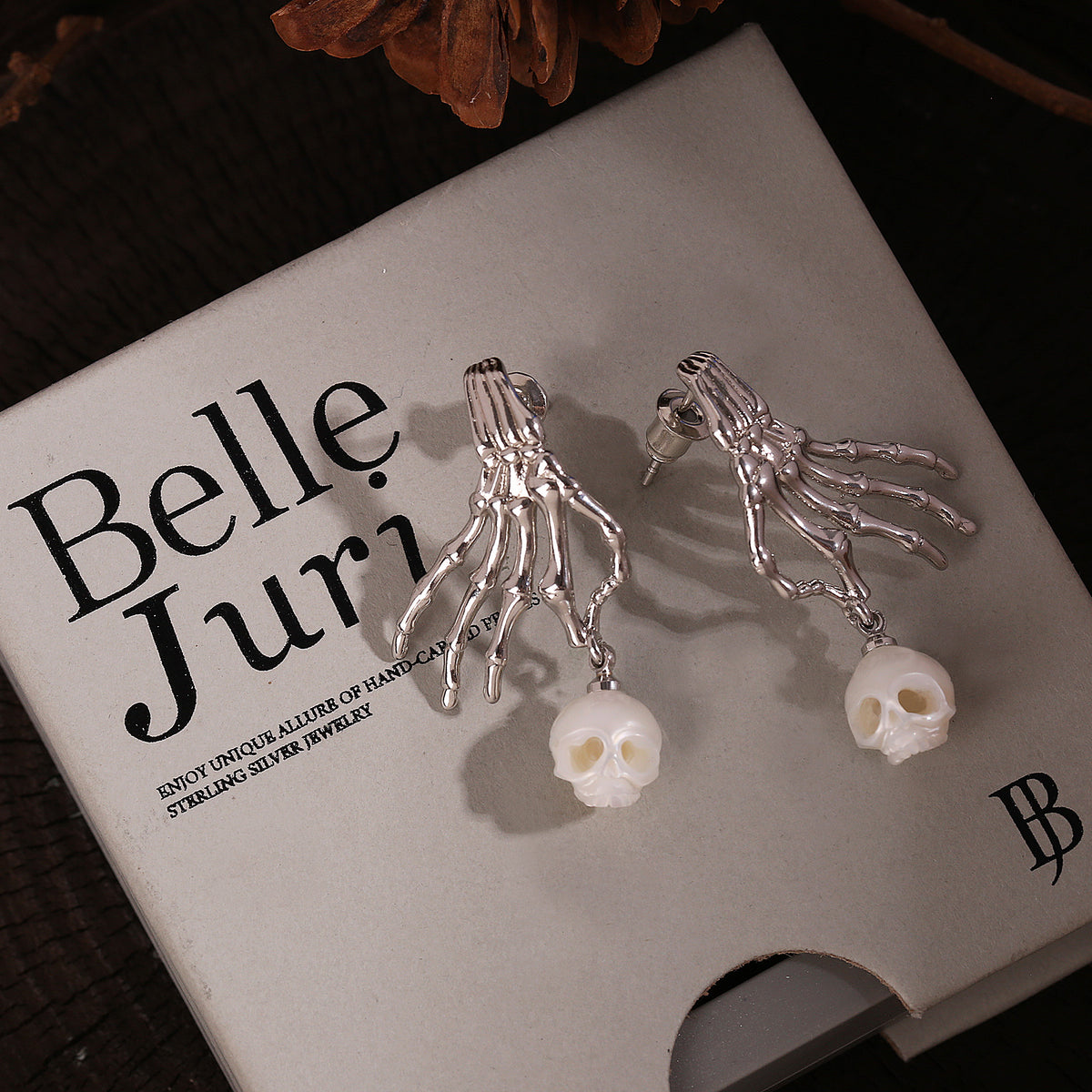 Carved Cranium Pearl With Dark-style Skeletal Hand Earrings-White
