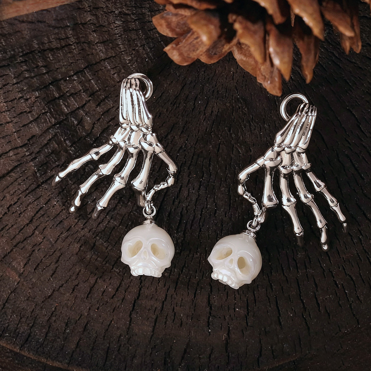 Carved Cranium Pearl With Dark-style Skeletal Hand Earrings-White
