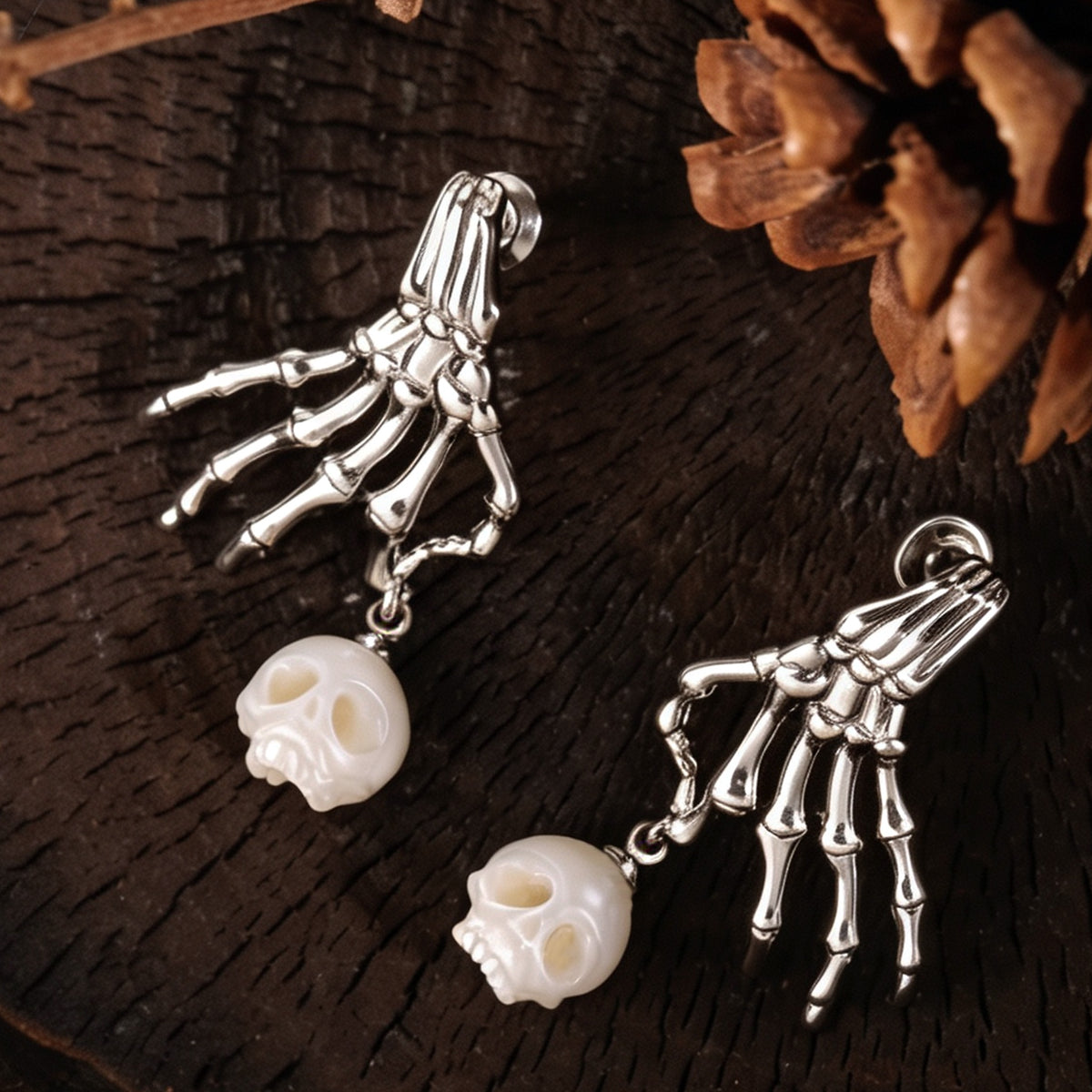 Carved Cranium Pearl With Dark-style Skeletal Hand Earrings-White