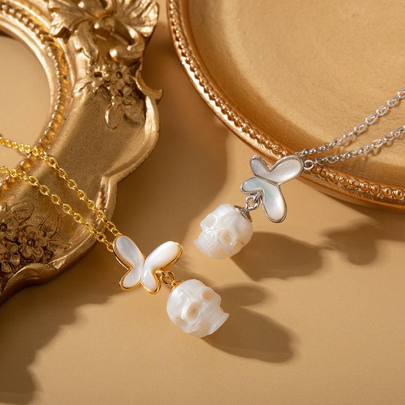 White Shell Butterfly Pearl Skull Necklace - Belle Juri