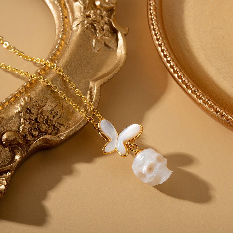 White Shell Butterfly Pearl Skull Necklace - Belle Juri