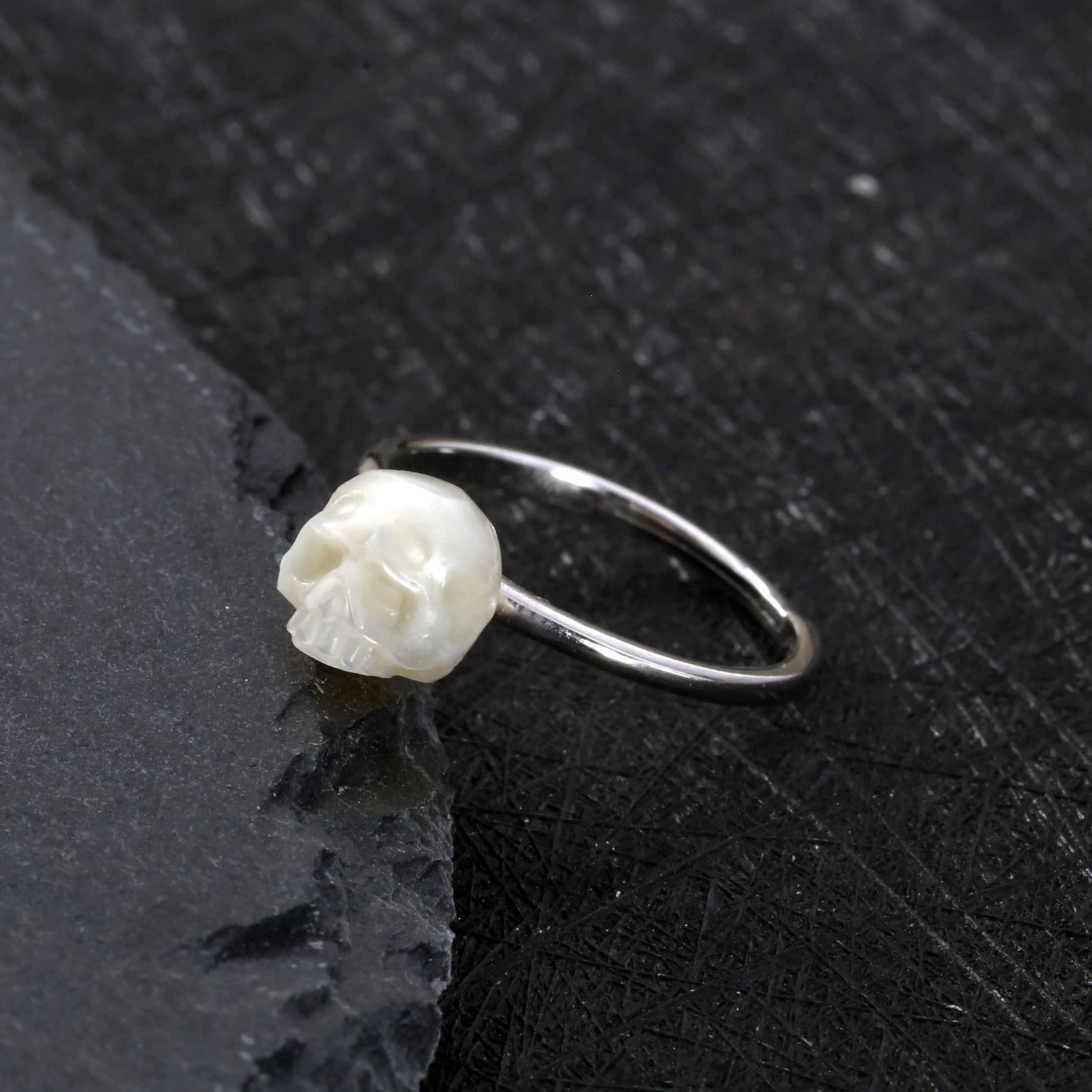 Wide Band Pearl Skull Solitaire Ring