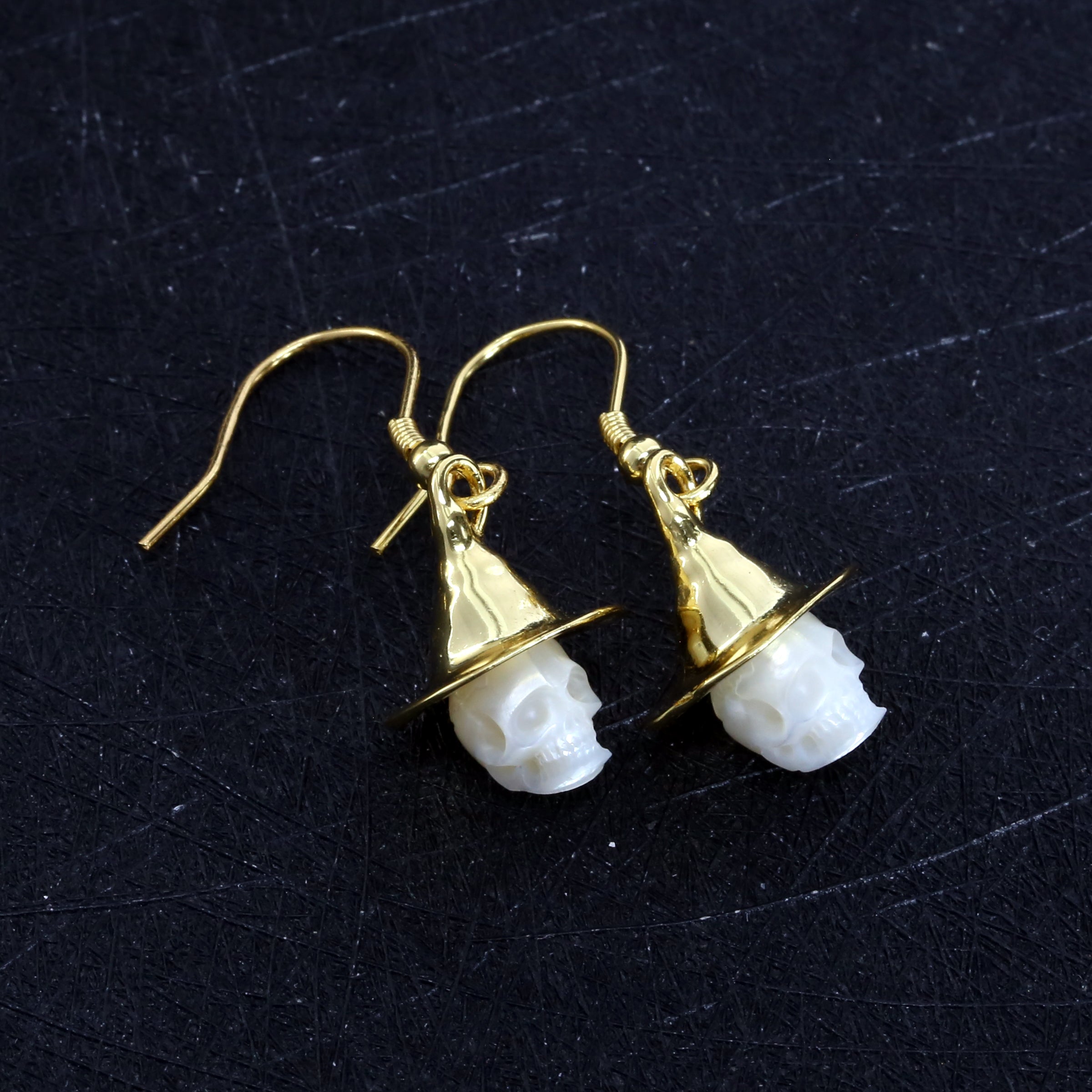 Witch Hat Pearl Carved Skull Earrings