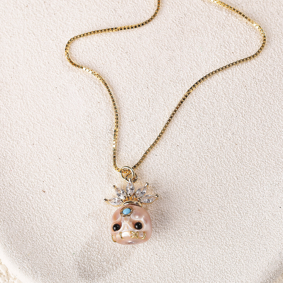 Zircon Crowned Carved Pearl Skull Śmaśana Necklace