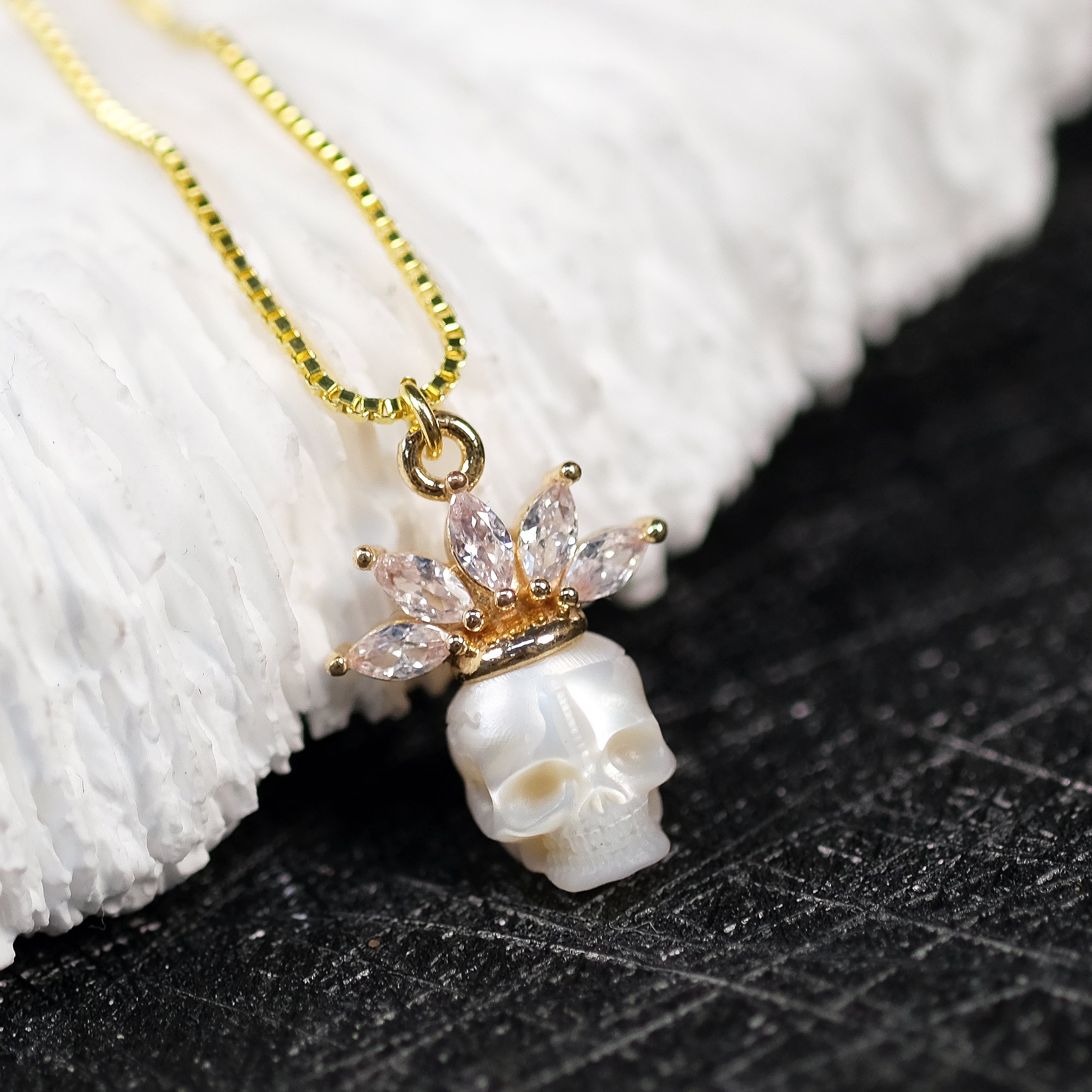 Zircon Crowned Pearl Skull Necklaces