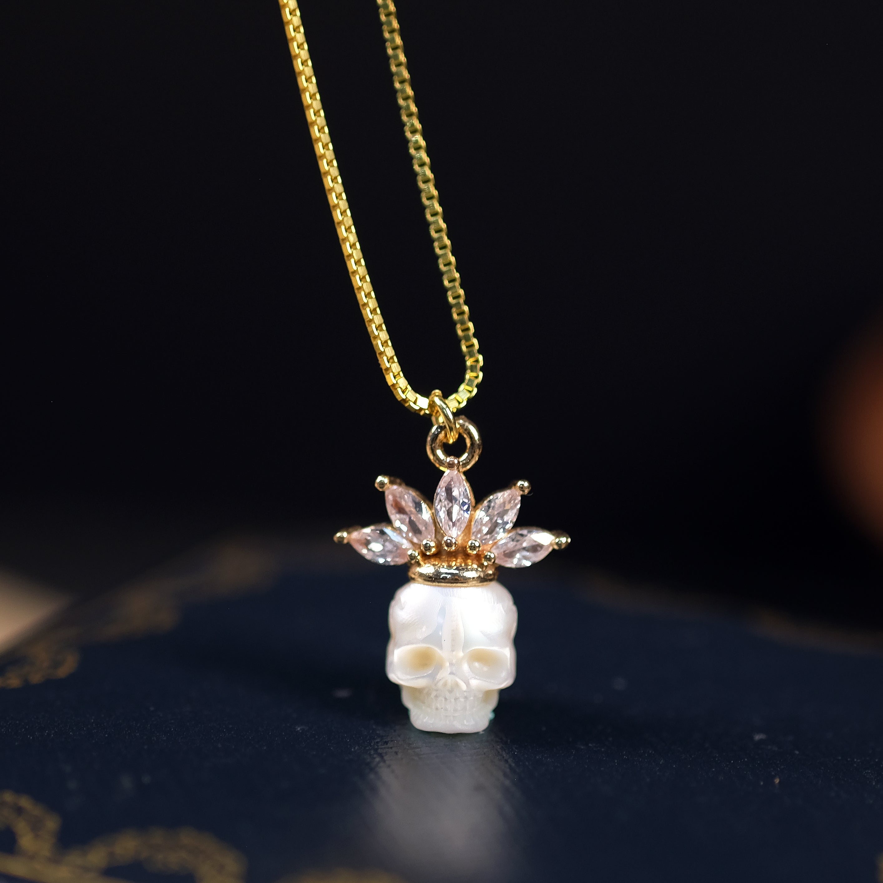 Zircon Crowned Pearl Skull Necklaces