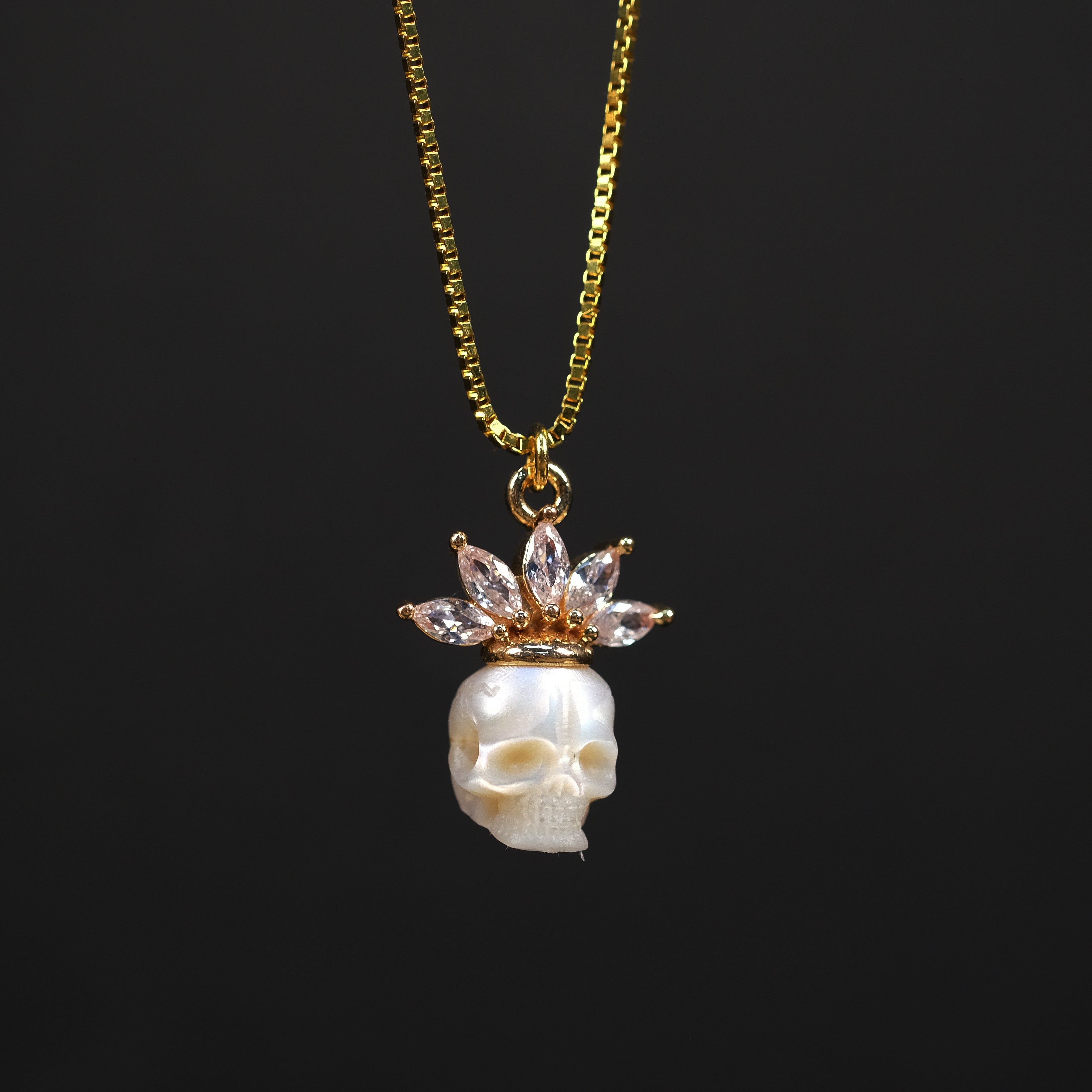 Zircon Crowned Pearl Skull Necklaces