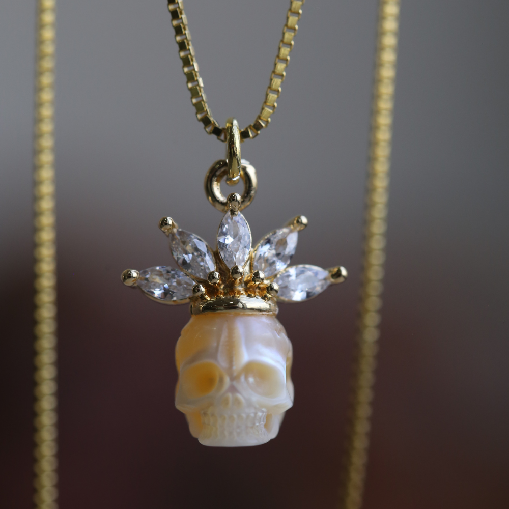 Zircon Crowned Pearl Skull Necklaces