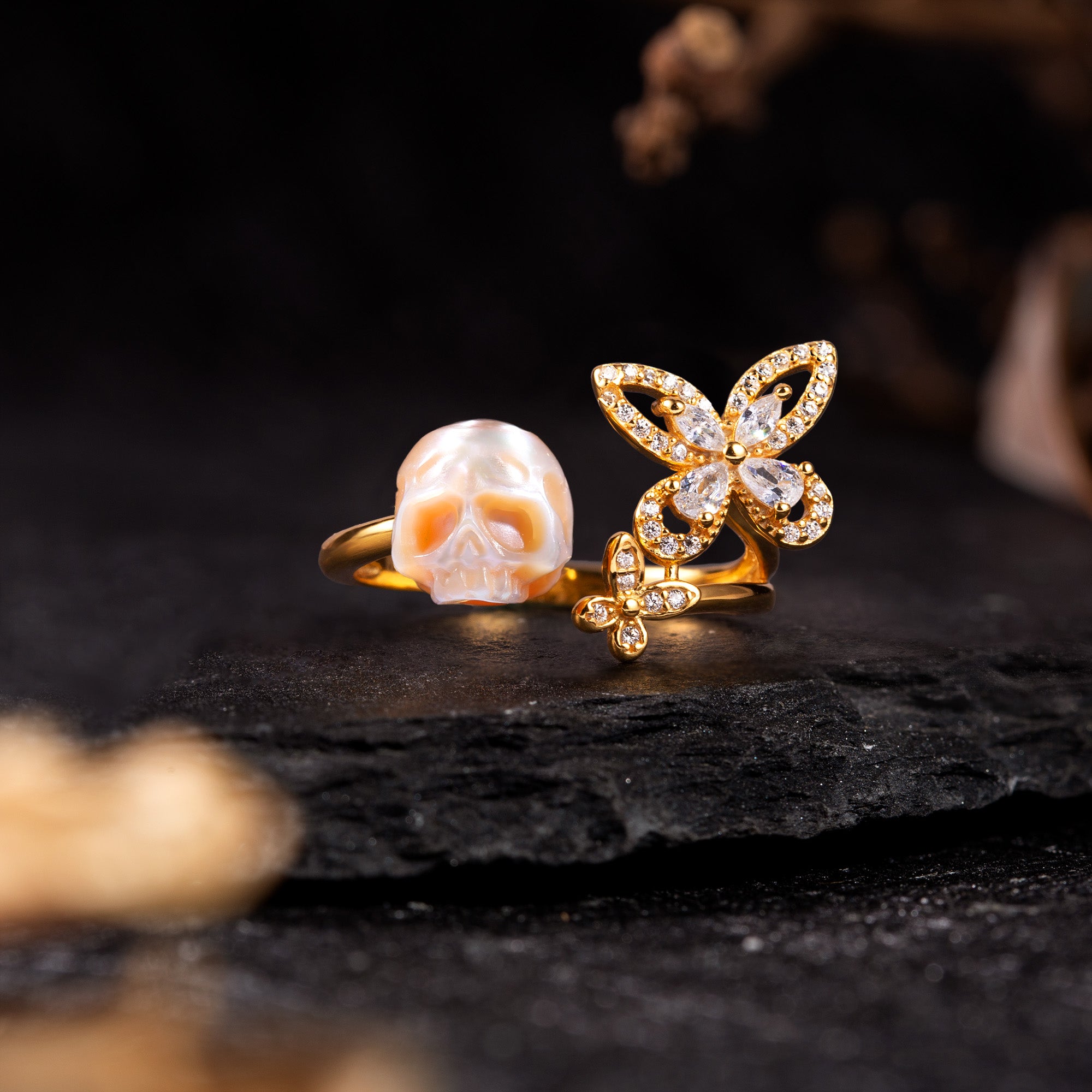 Zirconia Butterfly Pearl Skull Ring