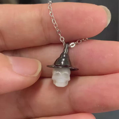 Black Witch Hat Pearl Skull Pendant made of hand carved pearl skull & 925 sterling silver-Belle Juri