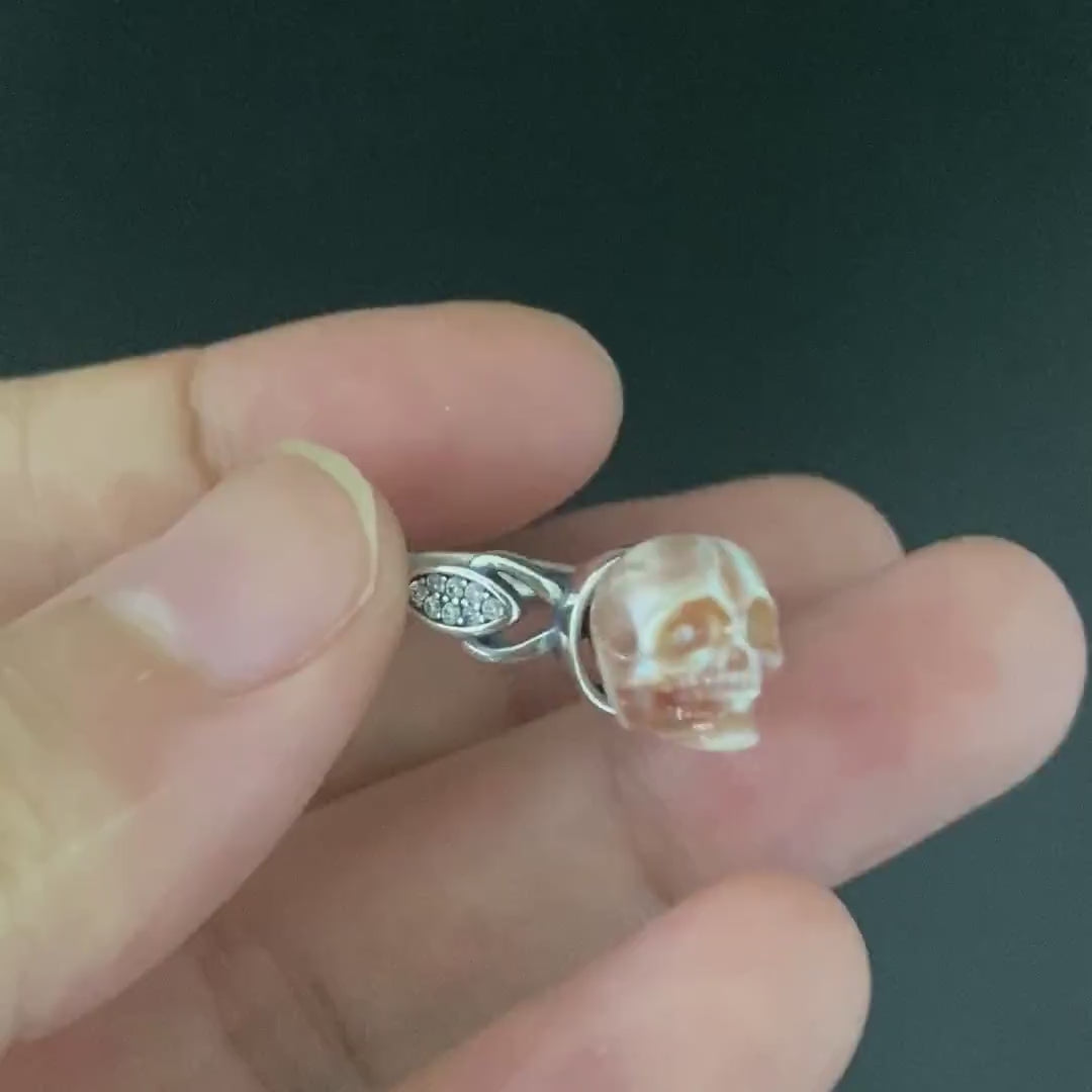 Leaf-Shape Ring made of hand carved pearl skull,925 sterling silver-Belle Juri